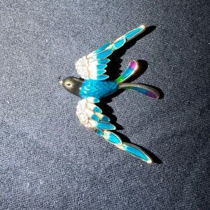 Blue Enamel Bird Brooch Pin with Crystal Accents
